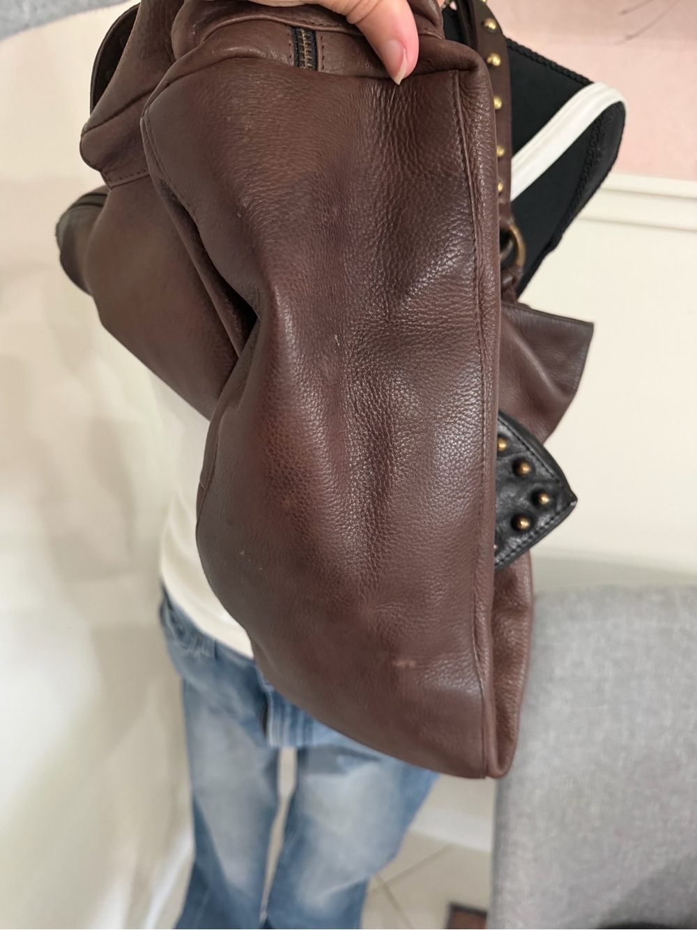 Betsey Johnson Brown Leather Heart Bowler Hobo Bag Large Studded - Picture 6 of 16